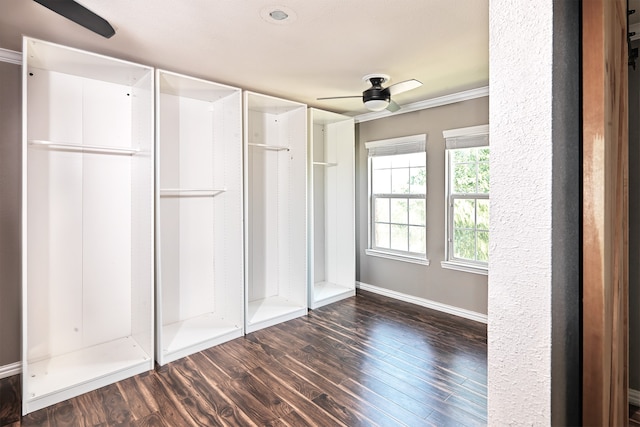 6508 Corral Ln, Denton, TX 76210 - unfurnished bedroom with wood finished floors, baseboards, ornamental molding, and ceiling fan