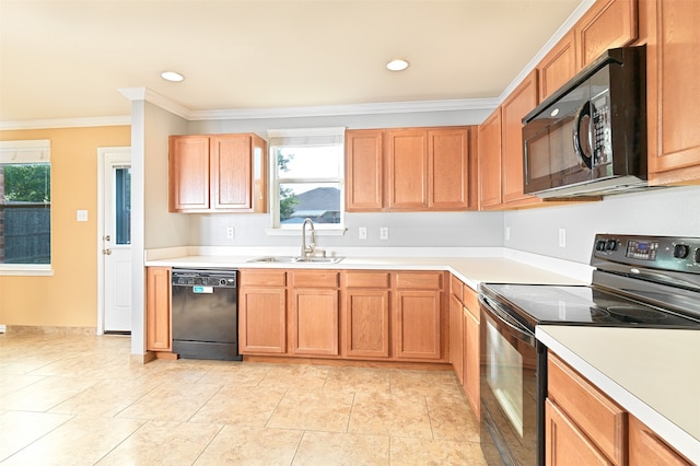 6508 Corral Ln, Denton, TX 76210 - kitchen with black appliances, a sink, ornamental molding, light countertops, and recessed lighting