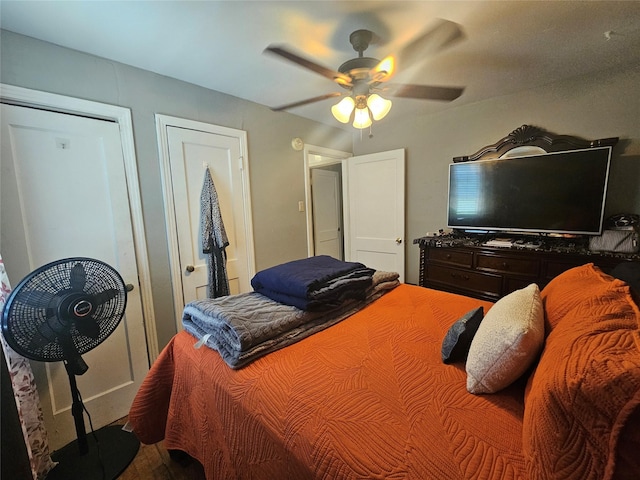 120 E Marguerita Dr, Garland, TX 75040 - bedroom with a ceiling fan and wood finished floors