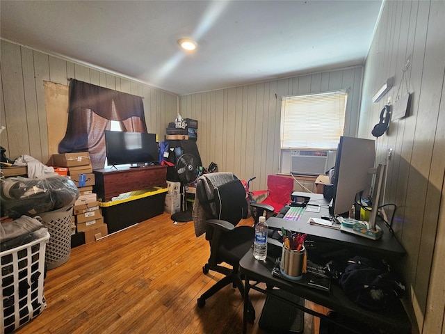 120 E Marguerita Dr, Garland, TX 75040 - office area featuring hardwood / wood-style floors, wood walls, and cooling unit