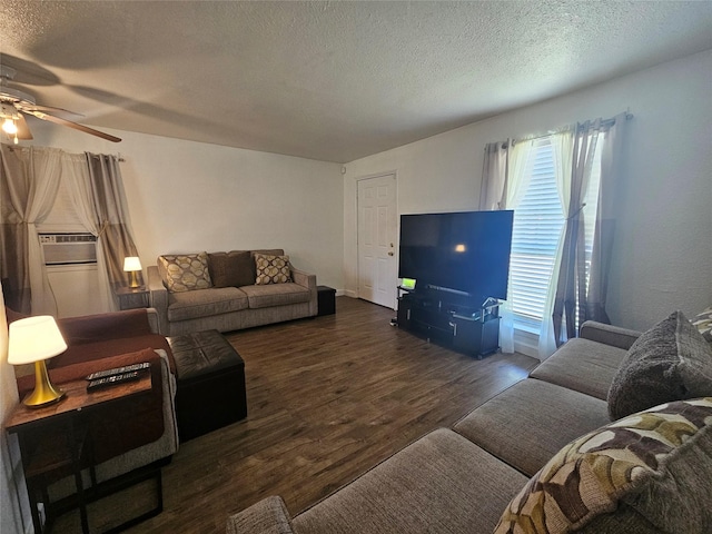 120 E Marguerita Dr, Garland, TX 75040 - living room with a ceiling fan, wood finished floors, cooling unit, and a textured ceiling