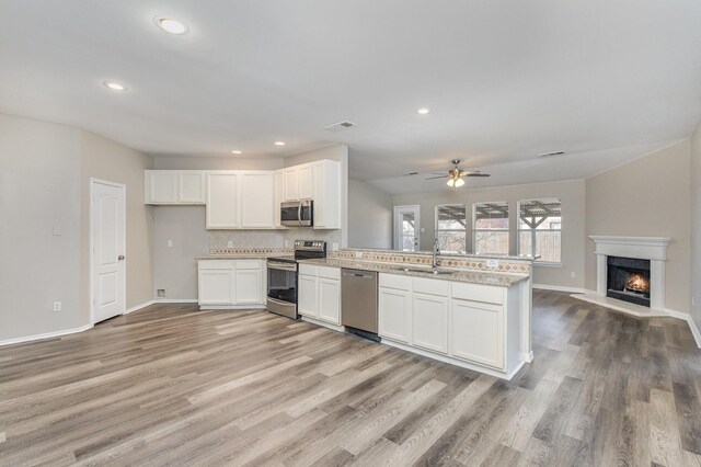 2109 Northridge Dr, Forney, TX 75126 - kitchen with stainless steel appliances, open floor plan, a peninsula, light wood-style flooring, and a lit fireplace