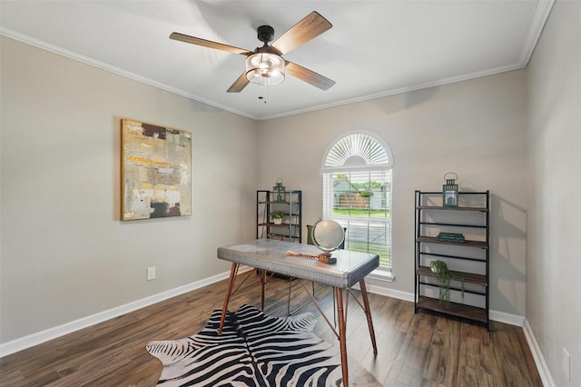 6005 Redwood Ln, Rowlett, TX 75089 - office featuring dark wood-style floors, crown molding, a ceiling fan, and baseboards