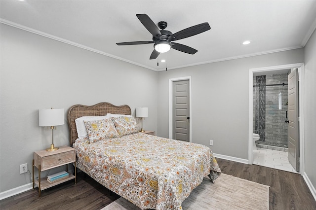 6005 Redwood Ln, Rowlett, TX 75089 - bedroom featuring baseboards, recessed lighting, wood finished floors, ornamental molding, and ensuite bath