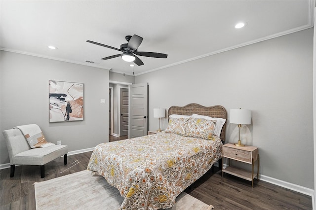6005 Redwood Ln, Rowlett, TX 75089 - bedroom with recessed lighting, baseboards, crown molding, wood finished floors, and a ceiling fan