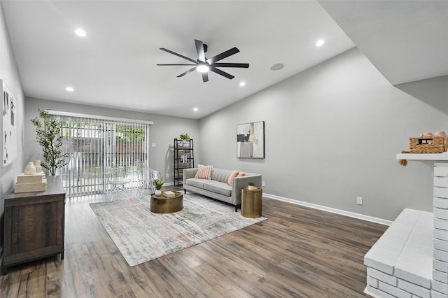 6005 Redwood Ln, Rowlett, TX 75089 - living area featuring ceiling fan, dark wood finished floors, baseboards, recessed lighting, and lofted ceiling