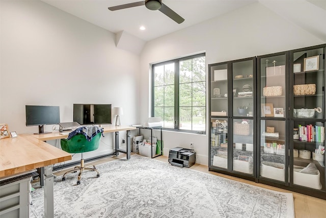 7758 Barber Ranch Rd, Fort Worth, TX 76126 - office with a ceiling fan, vaulted ceiling, wood finished floors, and recessed lighting