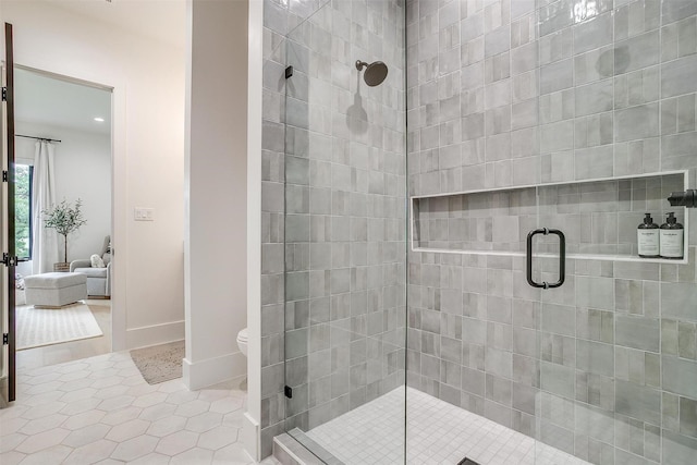 7758 Barber Ranch Rd, Fort Worth, TX 76126 - full bath featuring a shower stall, tile patterned flooring, toilet, and baseboards