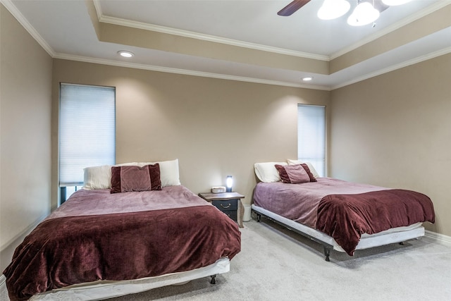 1950 Hidden Vly, Rockwall, TX 75087 - bedroom with multiple windows, a raised ceiling, carpet, ornamental molding, and a ceiling fan