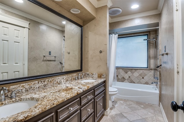 1950 Hidden Vly, Rockwall, TX 75087 - full bath with toilet, shower / tub combo, double vanity, and ornamental molding