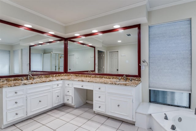 1950 Hidden Vly, Rockwall, TX 75087 - bathroom with recessed lighting, double vanity, ornamental molding, tile patterned flooring, and a bath