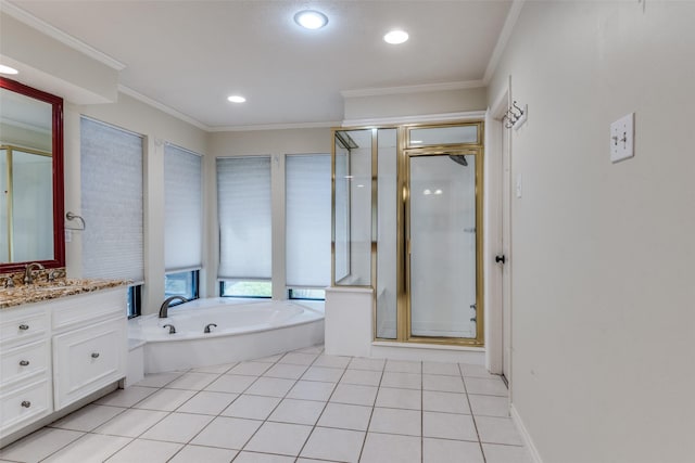 1950 Hidden Vly, Rockwall, TX 75087 - bathroom with vanity, a shower stall, a bath, ornamental molding, and tile patterned flooring