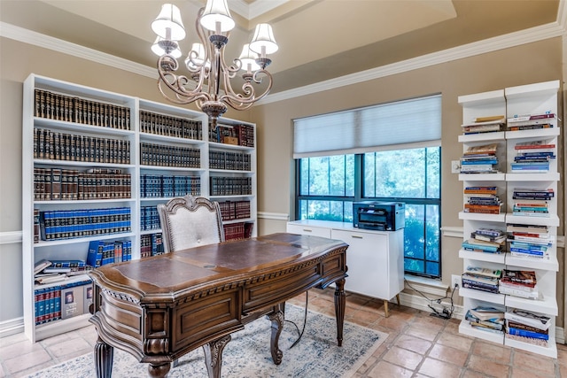 1950 Hidden Vly, Rockwall, TX 75087 - office area featuring a chandelier, crown molding, and baseboards