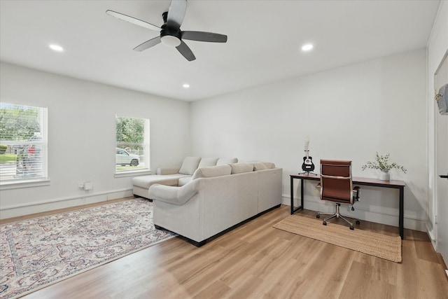 810 Turner Blvd, Grand Prairie, TX 75050 - living room featuring light wood finished floors, a ceiling fan, recessed lighting, a desk, and baseboards