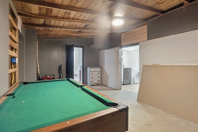 604 S Chestnut St, Winnsboro, TX 75494 - game room featuring washer / dryer, wood ceiling, billiards table, concrete floors, and beam ceiling