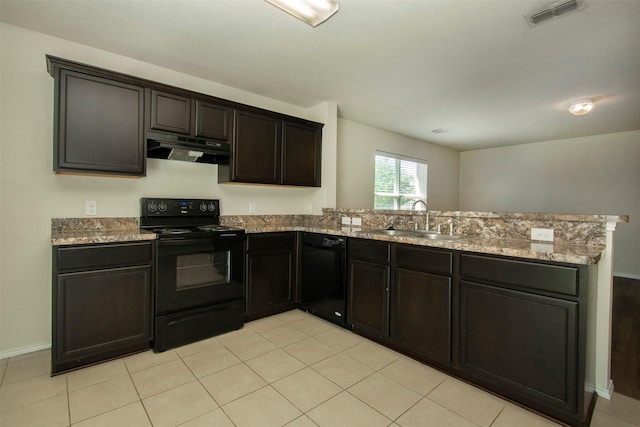 1407 Swan Ridge Dr, Sherman, TX 75092 - kitchen featuring black appliances, under cabinet range hood, a sink, a peninsula, and light stone counters