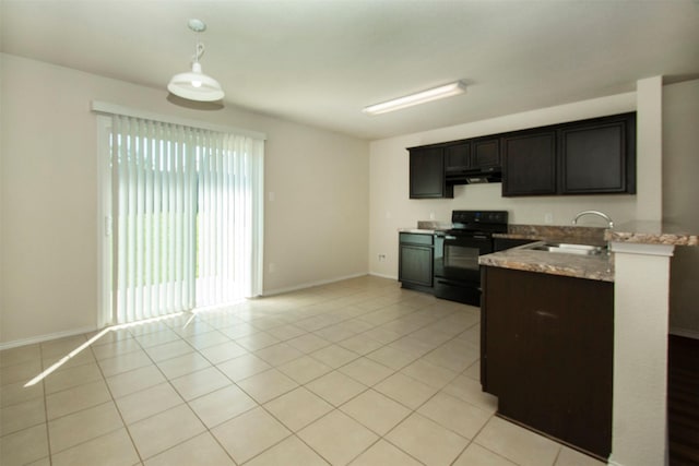 1407 Swan Ridge Dr, Sherman, TX 75092 - kitchen featuring a sink, black / electric stove, under cabinet range hood, baseboards, and light tile patterned flooring