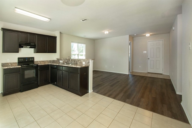 1407 Swan Ridge Dr, Sherman, TX 75092 - kitchen featuring black appliances, under cabinet range hood, light wood finished floors, a peninsula, and a sink