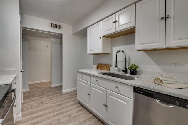 2209 Sheriff Dr, Grand Prairie, TX 75051 - kitchen featuring stainless steel dishwasher, range with electric cooktop, a sink, white cabinets, and light wood-style floors