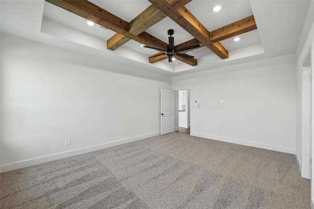 500 Longhorn Dr, Springtown, TX 76082 - unfurnished room with coffered ceiling, a ceiling fan, baseboards, beam ceiling, and carpet