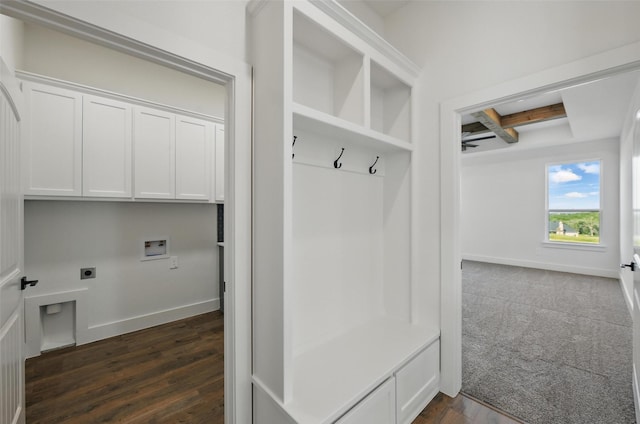 500 Longhorn Dr, Springtown, TX 76082 - mudroom featuring beam ceiling, dark wood finished floors, baseboards, ceiling fan, and coffered ceiling