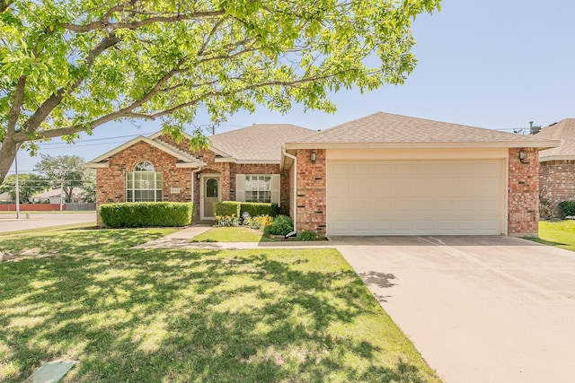 8301 Clearbrook Dr, Fort Worth, TX 76123 - ranch-style home with a garage, concrete driveway, a front yard, brick siding, and roof with shingles