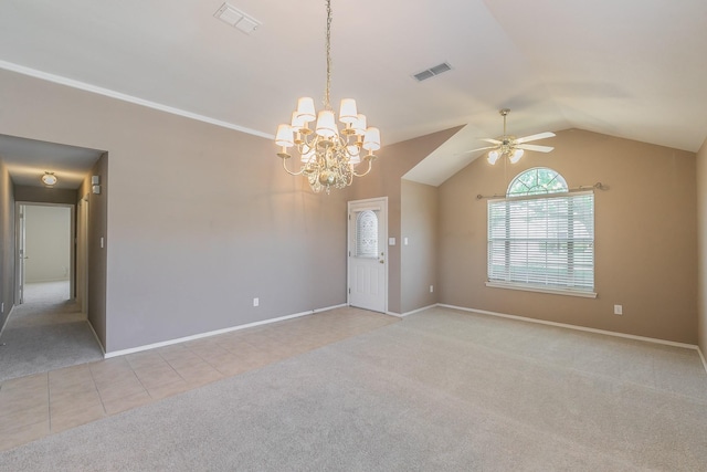 8301 Clearbrook Dr, Fort Worth, TX 76123 - tiled spare room with carpet, a ceiling fan, vaulted ceiling, a chandelier, and baseboards