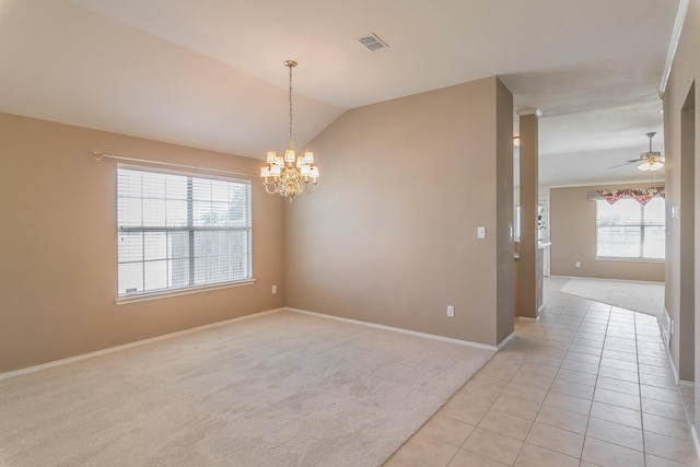 8301 Clearbrook Dr, Fort Worth, TX 76123 - empty room with light carpet, baseboards, a chandelier, light tile patterned flooring, and a ceiling fan