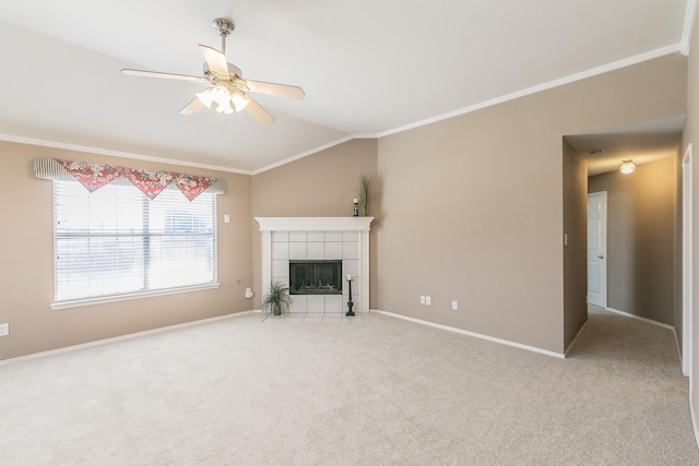 8301 Clearbrook Dr, Fort Worth, TX 76123 - unfurnished living room with ceiling fan, ornamental molding, carpet, lofted ceiling, and a fireplace