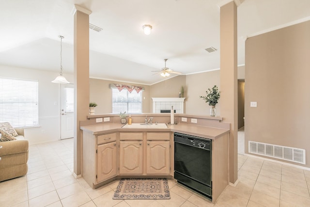 8301 Clearbrook Dr, Fort Worth, TX 76123 - kitchen featuring dishwasher, open floor plan, ceiling fan, a sink, and crown molding