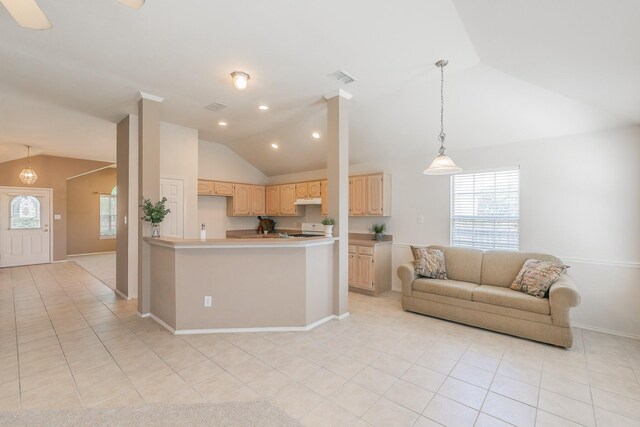 8301 Clearbrook Dr, Fort Worth, TX 76123 - living area with vaulted ceiling, light tile patterned floors, baseboards, and recessed lighting