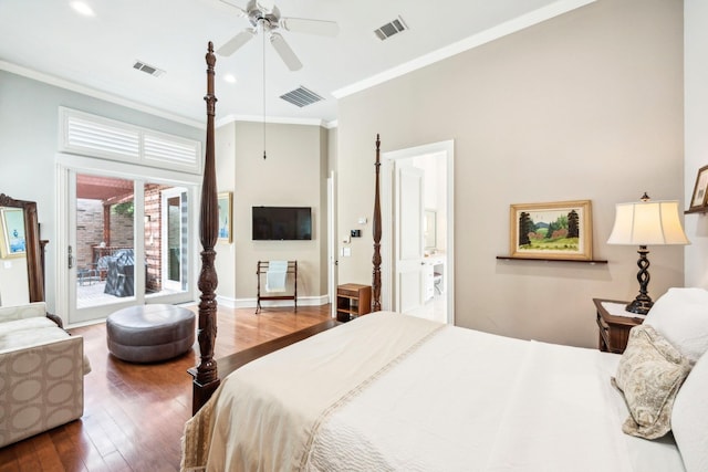 3024 Greenhill Dr, Plano, TX 75093 - bedroom featuring access to outside, wood-type flooring, ornamental molding, baseboards, and ensuite bath