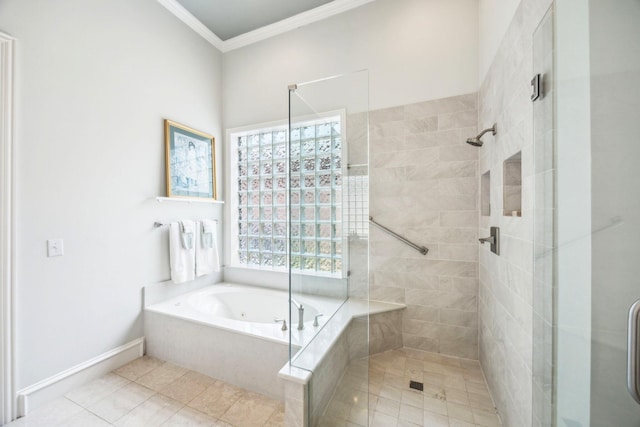 3024 Greenhill Dr, Plano, TX 75093 - full bathroom with a stall shower, crown molding, healthy amount of natural light, a bath, and tile patterned flooring