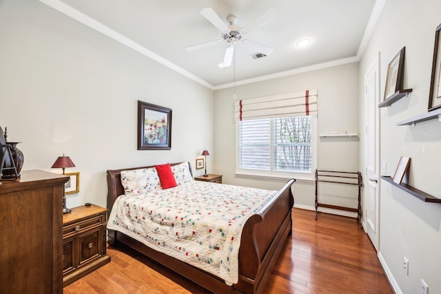 3024 Greenhill Dr, Plano, TX 75093 - bedroom with ornamental molding, baseboards, wood finished floors, and a ceiling fan