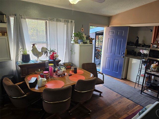 231 County Road 34715, Paris, TX 75460 - dining room with independent washer and dryer, a textured ceiling, wood finished floors, and a ceiling fan