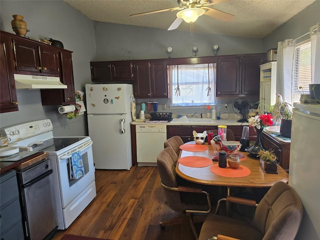 231 County Road 34715, Paris, TX 75460 - kitchen with under cabinet range hood, white appliances, vaulted ceiling, ceiling fan, and a textured ceiling