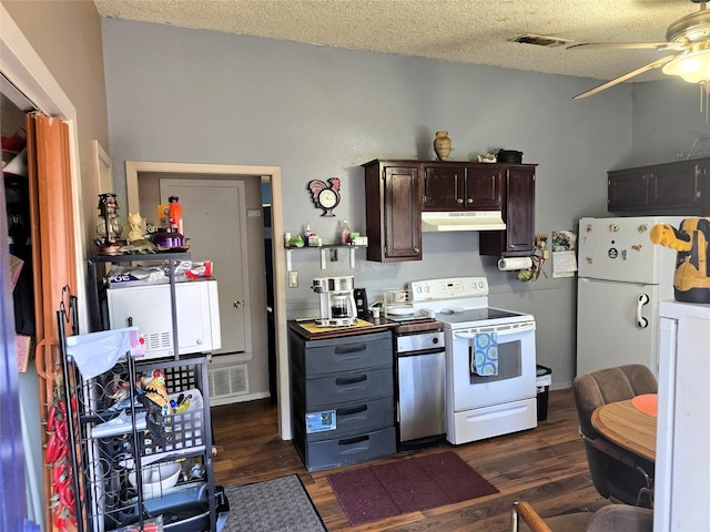 231 County Road 34715, Paris, TX 75460 - kitchen featuring white appliances, under cabinet range hood, ceiling fan, dark wood-type flooring, and dark brown cabinets