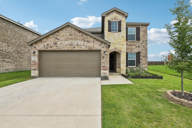 1229 Autumn Mist Ln, Forney, TX 75126 - french country inspired facade featuring brick siding, concrete driveway, a front lawn, and an attached garage