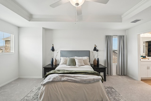 1229 Autumn Mist Ln, Forney, TX 75126 - bedroom featuring a tray ceiling, ornamental molding, light colored carpet, baseboards, and ceiling fan