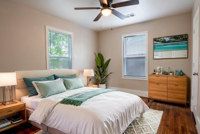 409 Forby Ave, Fort Worth, TX 76103 - bedroom with multiple windows, dark wood-style floors, and ceiling fan