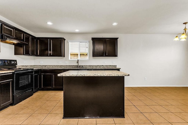 133 Feverbush Dr, Fate, TX 75189 - kitchen with black range with electric cooktop, under cabinet range hood, light tile patterned flooring, a sink, and light stone countertops