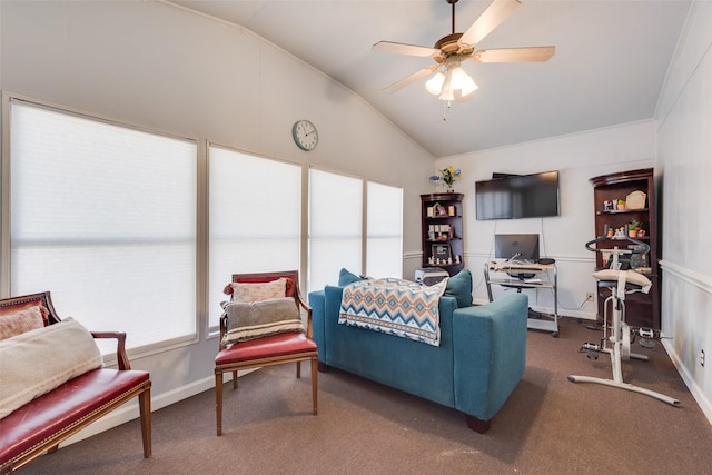 4732 Darla Dr, Fort Worth, TX 76132 - living room featuring lofted ceiling, plenty of natural light, a ceiling fan, carpet floors, and crown molding