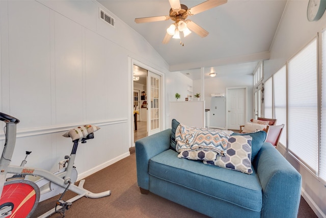 4732 Darla Dr, Fort Worth, TX 76132 - living area featuring carpet, lofted ceiling, baseboards, and a ceiling fan
