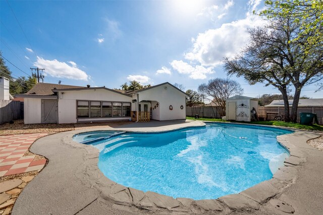 4732 Darla Dr, Fort Worth, TX 76132 - view of pool with a shed, a fenced backyard, an outbuilding, and a patio area