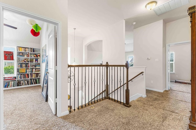 10805 Aurora Dr, Waco, TX 76708 - hall featuring carpet flooring, an upstairs landing, and baseboards