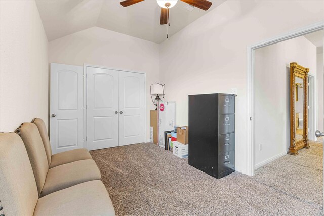 10805 Aurora Dr, Waco, TX 76708 - living room featuring a ceiling fan, carpet, and vaulted ceiling