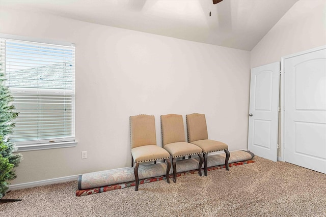 10805 Aurora Dr, Waco, TX 76708 - sitting room featuring carpet floors, a ceiling fan, lofted ceiling, and baseboards