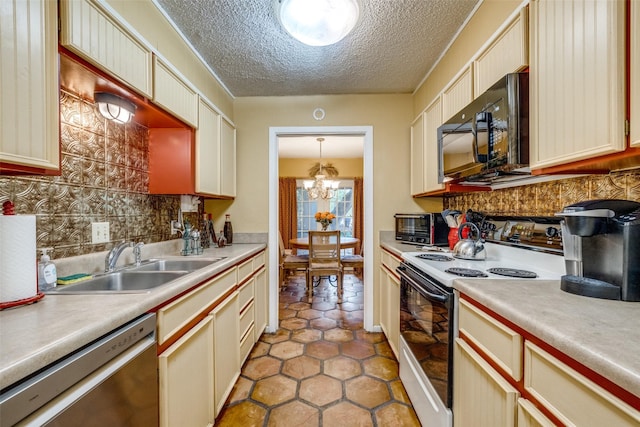 2043 Fleur De Lis Ct, Arlington, TX 76012 - kitchen with range with electric cooktop, black microwave, dishwasher, tasteful backsplash, and a sink