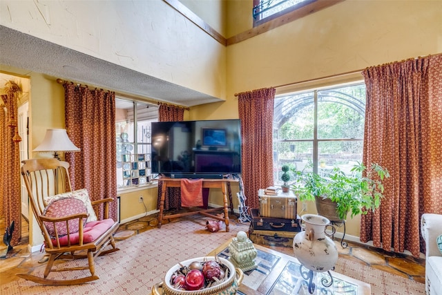 2043 Fleur De Lis Ct, Arlington, TX 76012 - living room featuring a high ceiling and baseboards