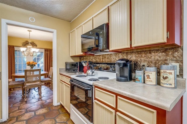 2043 Fleur De Lis Ct, Arlington, TX 76012 - kitchen with range with electric stovetop, black microwave, light countertops, a chandelier, and a textured ceiling